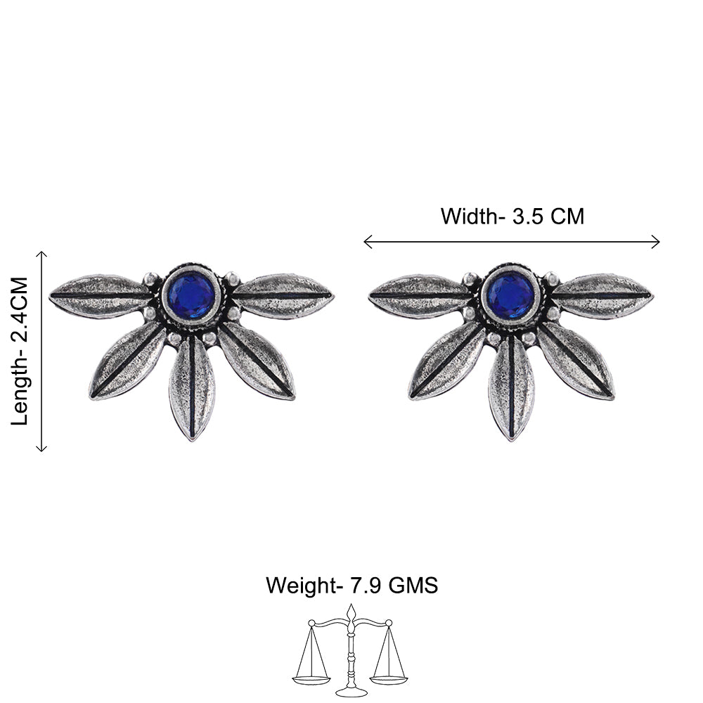 Carved Charm Dangler earrings (White) Crescent Bloom Oxidised Studs - Blue Combo set