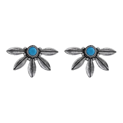 Carved Charm Dangler earrings (White) Crescent Bloom Oxidised Studs - Sky Blue Combo set