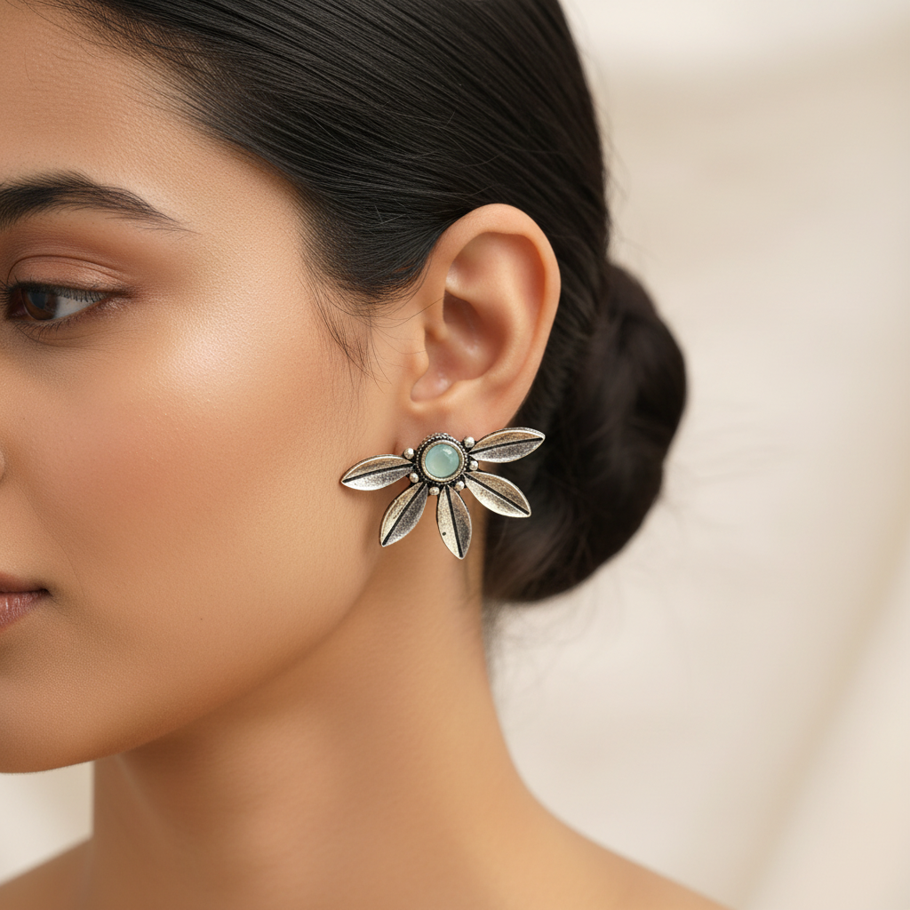 Carved Charm Dangler earrings (White) Crescent Bloom Oxidised Studs - Mint Combo set