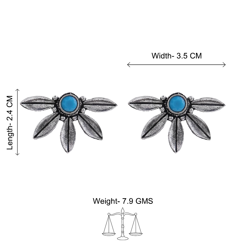 Carved Charm Dangler earrings (White) Crescent Bloom Oxidised Studs - Sky Blue Combo set