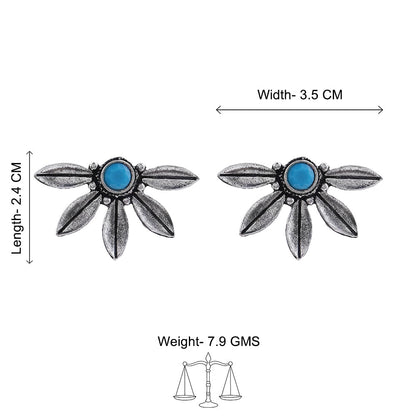 Carved Charm Dangler earrings (White) Crescent Bloom Oxidised Studs - Sky Blue Combo set