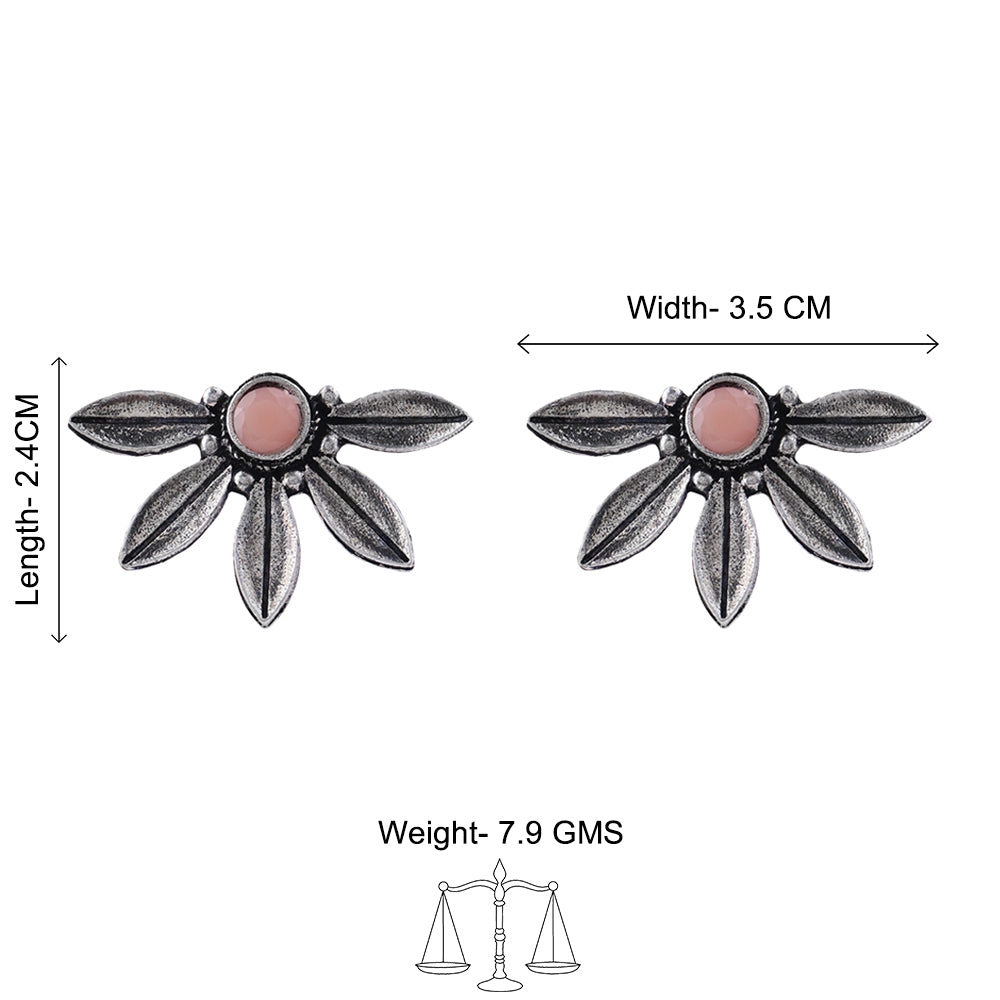 Carved Charm Dangler earrings (White) Crescent Bloom Oxidised Studs - Light Orange Combo set