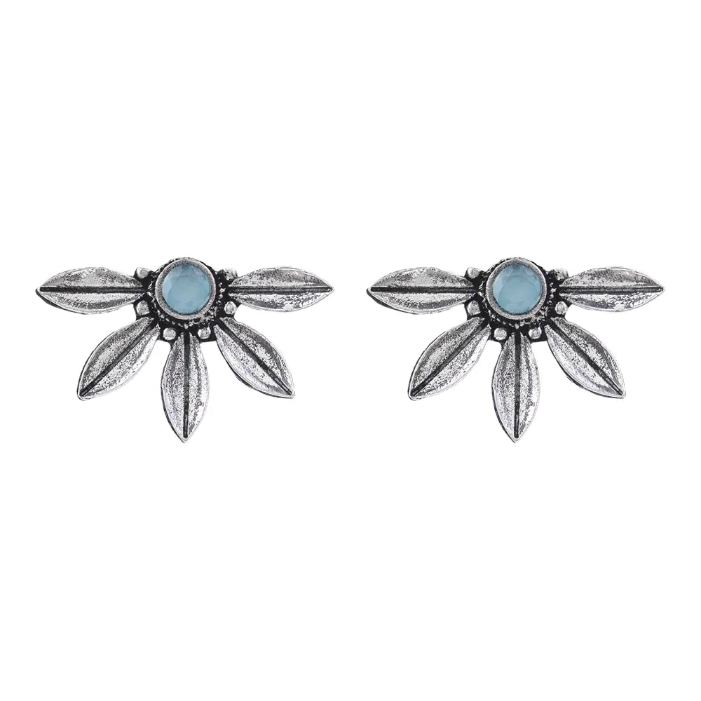 Carved Charm Dangler earrings (White) Crescent Bloom Oxidised Studs - Mint Combo set
