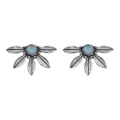 Carved Charm Dangler earrings (White) Crescent Bloom Oxidised Studs - Mint Combo set