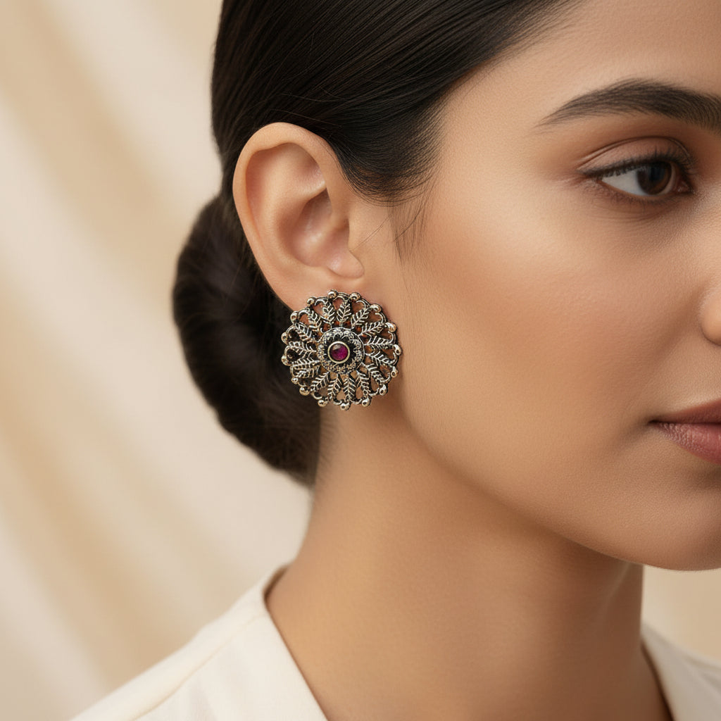 Peacock glow stone studded dangler earrings &Wildflower oxidised stud earrings Combo set for Women and Girl