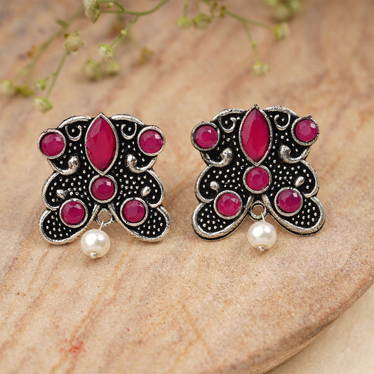 RadiantRays stone studded oxidised stud earrings (Red)