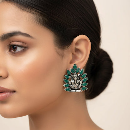 Carved Charm Dangler earrings (White) sacred shine stud earrings(Green) Combo set