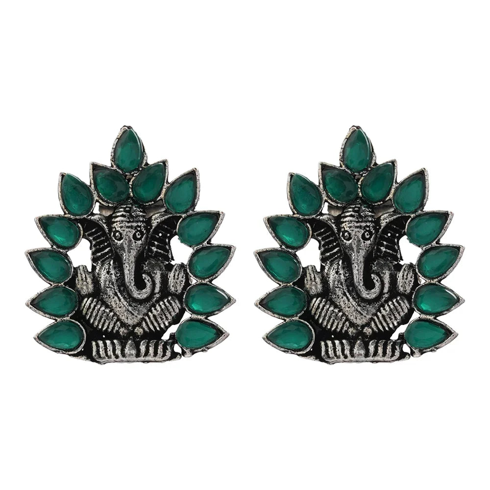 Carved Charm Dangler earrings (White) sacred shine stud earrings(Green) Combo set