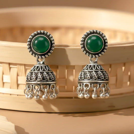 Green Stone Oxidised Jhumki Earring (Green)