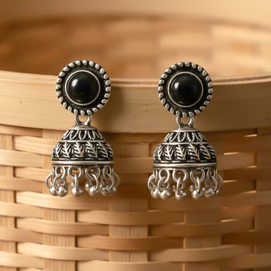 Black Stone Oxidised Jhumki Earring (Black)