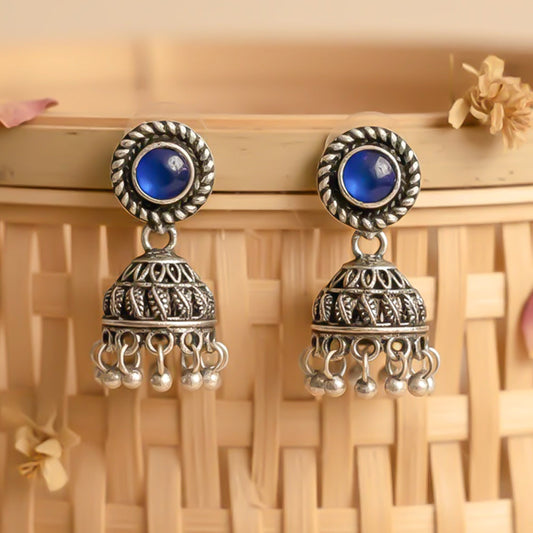 Blue Stone Oxidised Jhumki Earring (Blue)