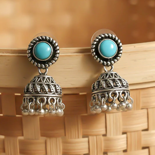 Sky Blue Stone Oxidised Jhumki Earring (Sky blue)
