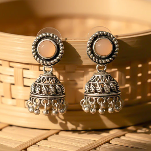 Light Orange Stone Oxidised Jhumki Earring (Light Orange)