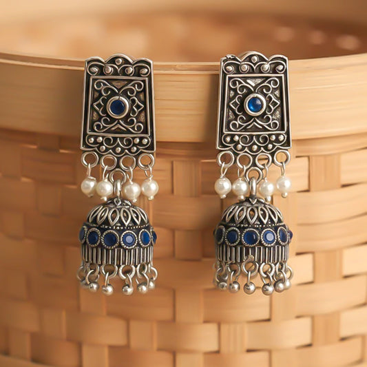 Oxidised  jhumka Earring with pearl and Blue stone detailing.
