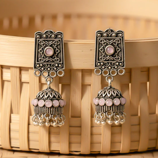 Oxidised  Jhumka Earring with pearl and Baby pink stone detailin.