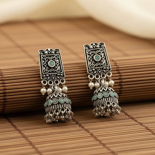 Oxidised  Jhumka Earrings with pearl and Mint stone detailing.