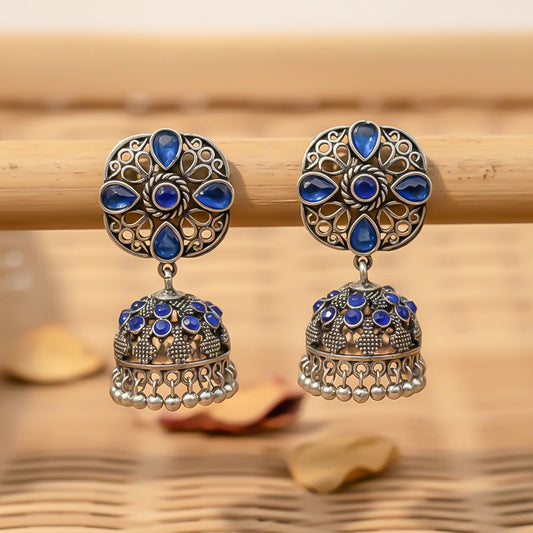 Oxidised Floral Jhumka Earring with Blue stone detailing.
