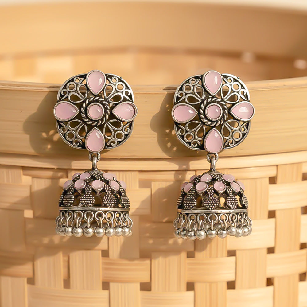Oxidised Floral Jhumka earring with Baby pink stone detailing.