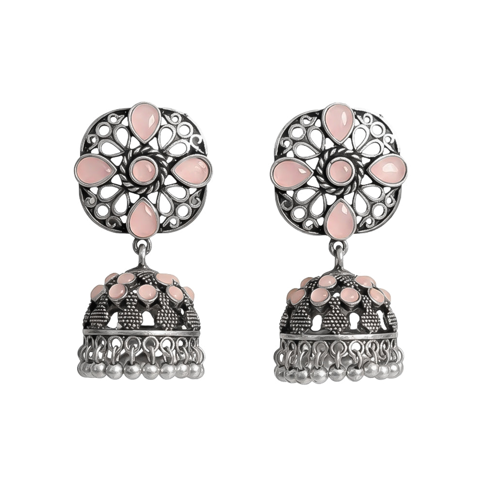 Oxidised Floral Jhumka earring with Baby pink stone detailing.