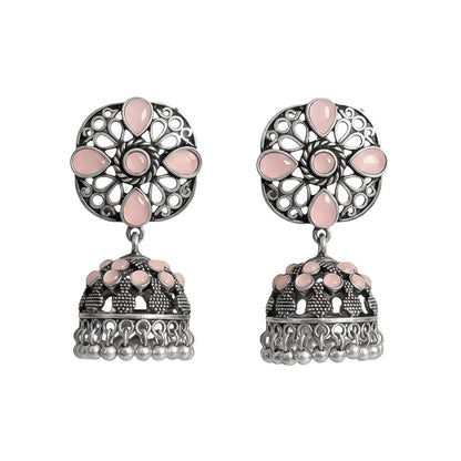 Oxidised Floral Jhumka earring with Baby pink stone detailing.