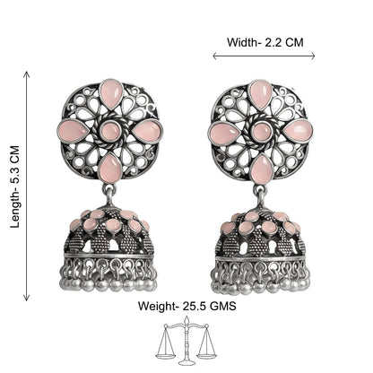 Oxidised Floral Jhumka earring with Baby pink stone detailing.