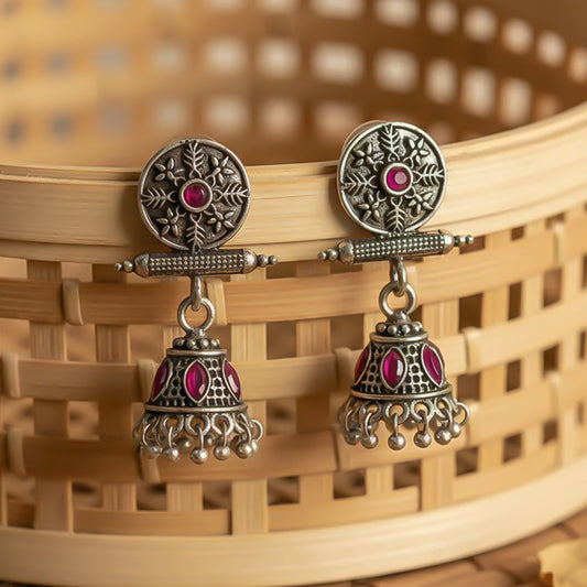 Oxidised antique floral jhumka earring with Red stones