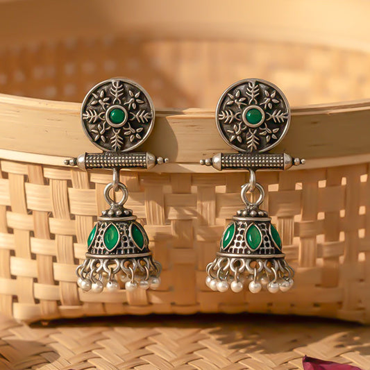 Oxidised antique floral jhumka earring with Green stones