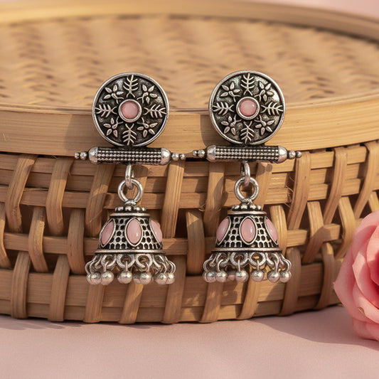 Oxidised antique floral jhumka earring with Baby Pink stones