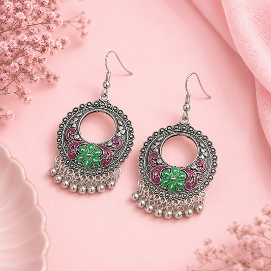 Red Green Floral Meenakari Round Earrings