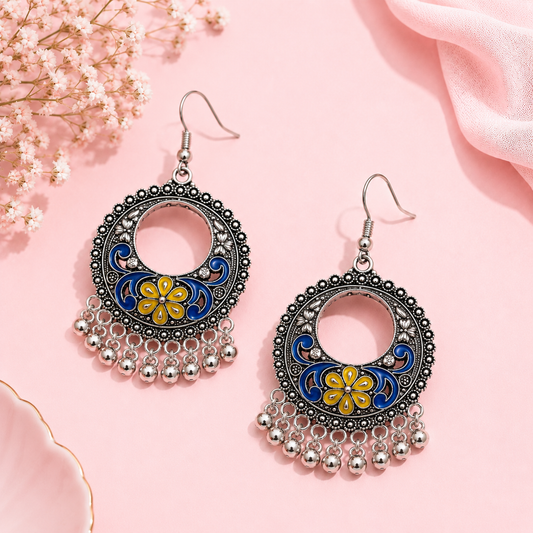 Blue yellow Floral Meenakari Round Earrings