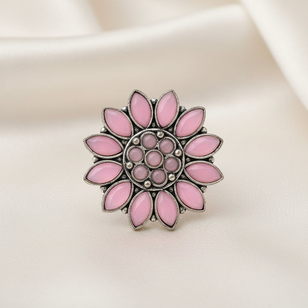 Floral radiance stone studded oxidized rings (Baby Pink)
