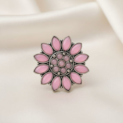 Floral radiance stone studded oxidized rings (Baby Pink)