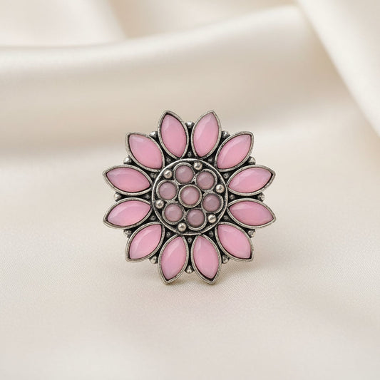 Floral radiance stone studded oxidized rings (Baby Pink)
