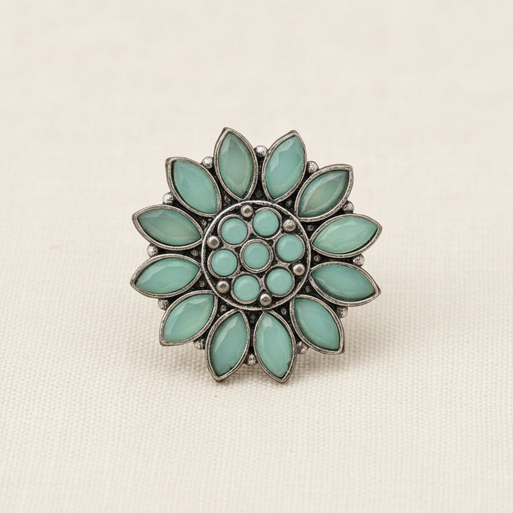 Floral radiance stone studded oxidized rings (Mint)