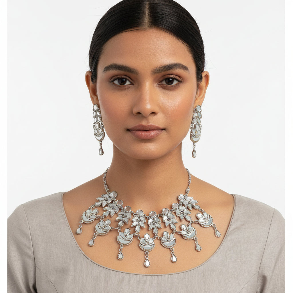 Cosmic charm mirror work choker neckpiece (Silver)