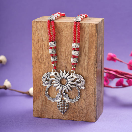 Flora-pea statement pendant beaded neckpiece (Red)