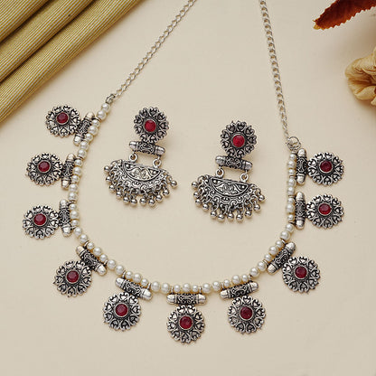 Trail of pearl Rajwada neckpiece set (Red)