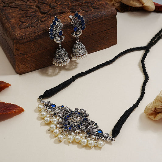 Rustic spark pearl rope neckpiece (Blue)