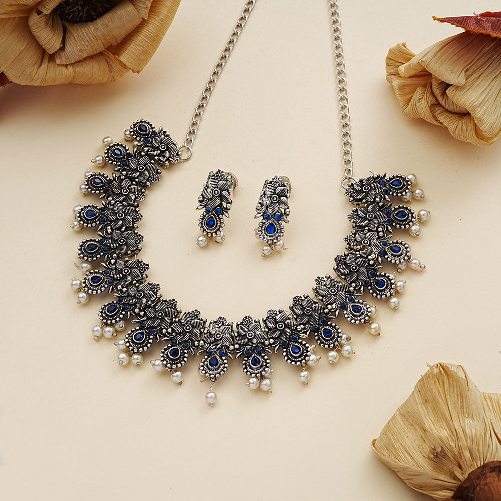 Regal blossom oxidisd chain neckpiece (Blue)