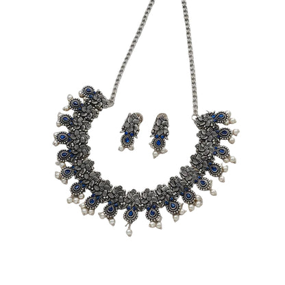 Regal blossom oxidisd chain neckpiece (Blue)