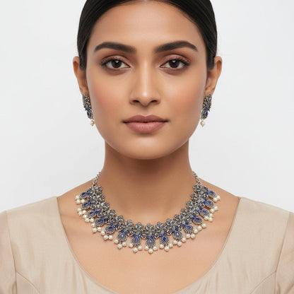 Regal blossom oxidisd chain neckpiece (Blue)
