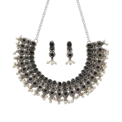 Ethnic echo stone studded rope neckpiece set (Black)