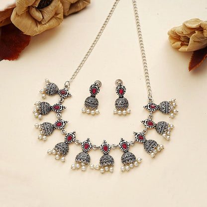 Traditional jharokha stone studded chain neckpiece set (Red)