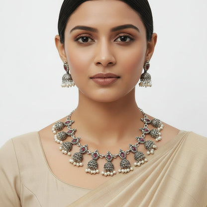 Traditional jharokha stone studded chain neckpiece set (Red)