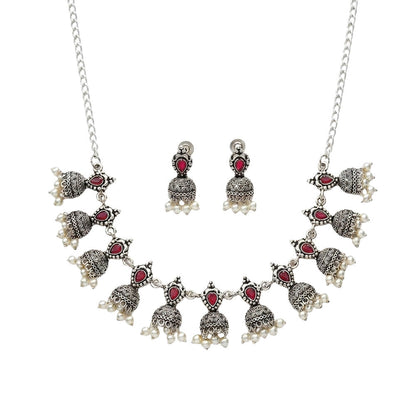 Traditional jharokha stone studded chain neckpiece set (Red)