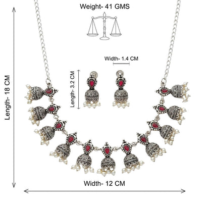 Traditional jharokha stone studded chain neckpiece set (Red)