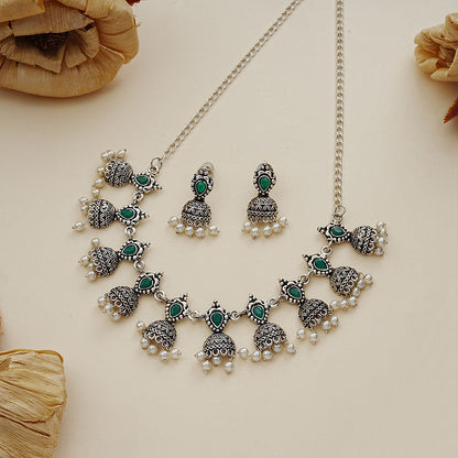 Traditional jharokha stone studded chain neckpiece set (Green)