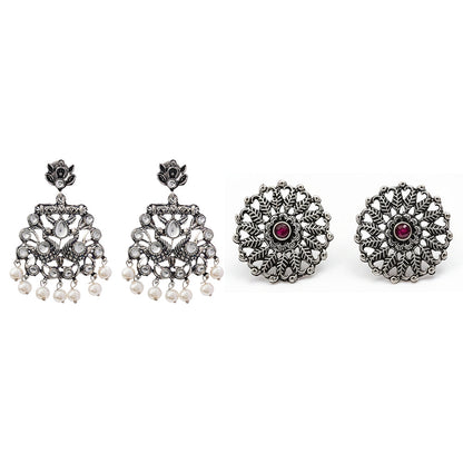 Peacock glow stone studded dangler earrings &Wildflower oxidised stud earrings Combo set for Women and Girl