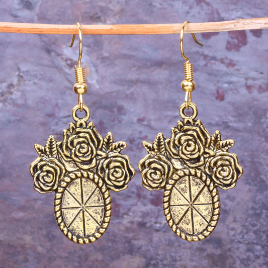 Vintage Oval Flower Shaped Golden Polished Oxidised Danglers