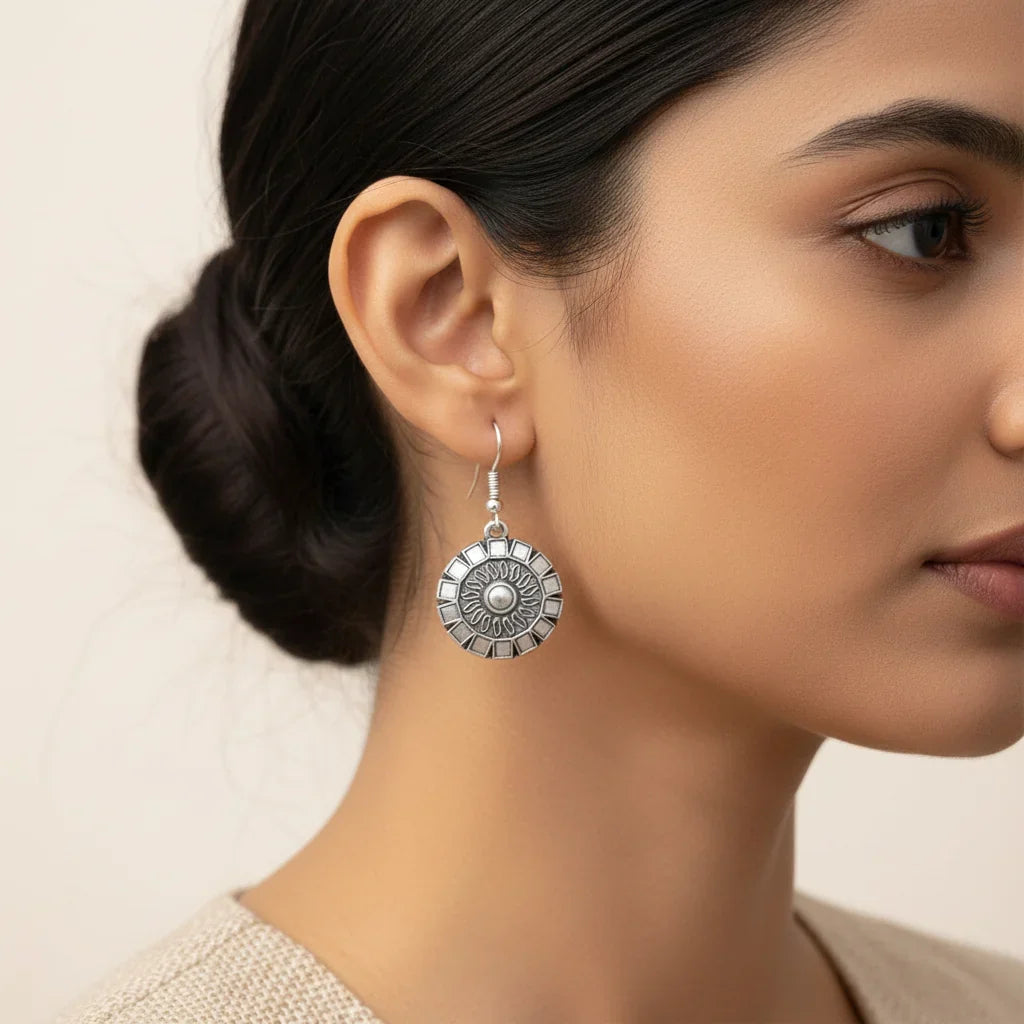 Peacock glow stone studded dangler & Sunrise Shaped Silver Polished Dangler set
